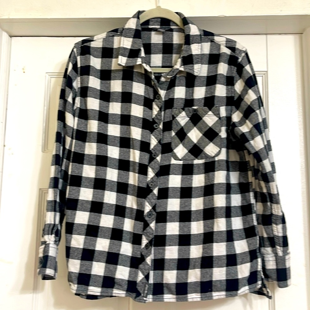 EDDIE BAUER Women's Black/White Plaid Long Sleeve Button Down Flannel Shirt sz L
